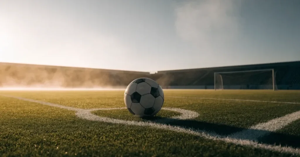 Ein Fußball liegt auf dem Elfmeterpunkt eines leeren Rasenplatzes im Morgenlicht, dahinter eine ruhige Tribüne ohne Zuschauer.