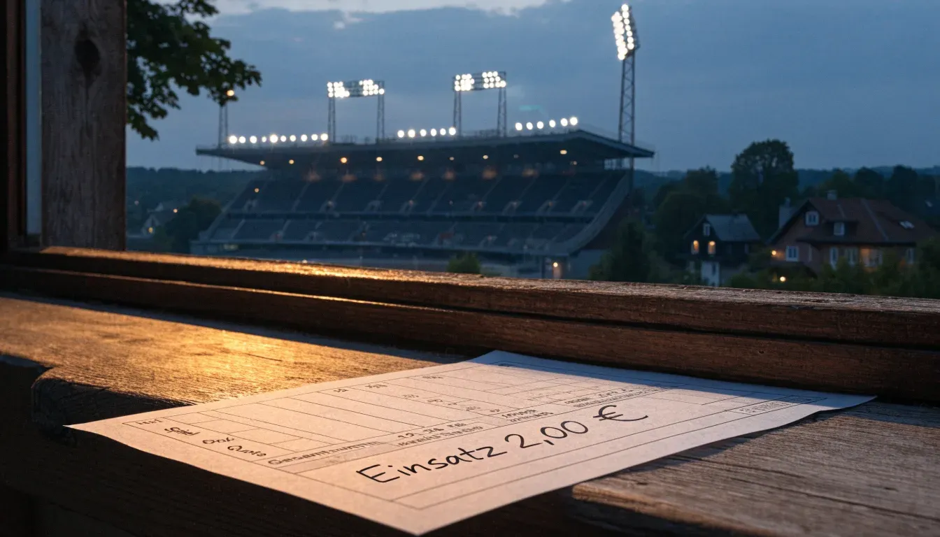 Ein Flutlichtstadion bei Dämmerung aus weiter Ferne gesehen, die Lichtmasten leuchten über Dächern, Bäumen und einer ruhigen Stadtrandlandschaft.