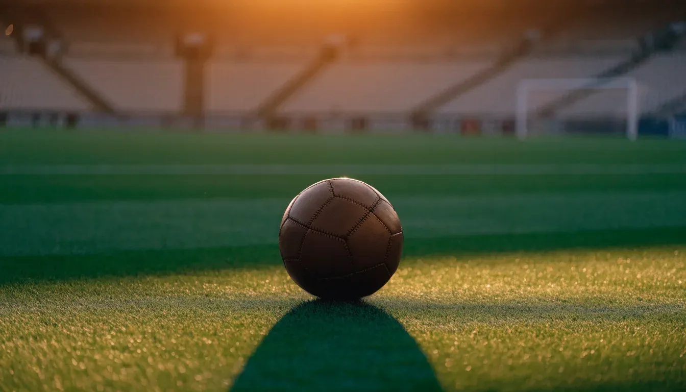 Ein Fußball liegt in der Mitte eines Rasens im Licht der tief stehenden Sonne, dahinter leere Sitzreihen.
