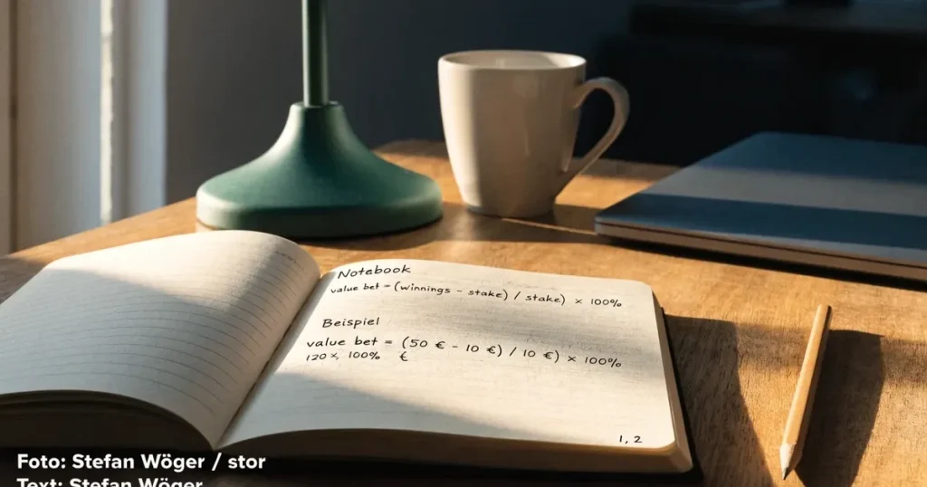 Ein Notizbuch mit handschriftlichen Notizen, einfachen Linien und Zahlenreihen liegt aufgeschlagen neben einem Bleistift auf einem Schreibtisch.