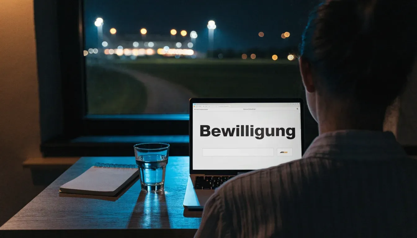 Ein Stadion unter Flutlicht aus der Ferne gesehen, davor eine dunkle Landschaft mit Feldern und einer Landstraße.