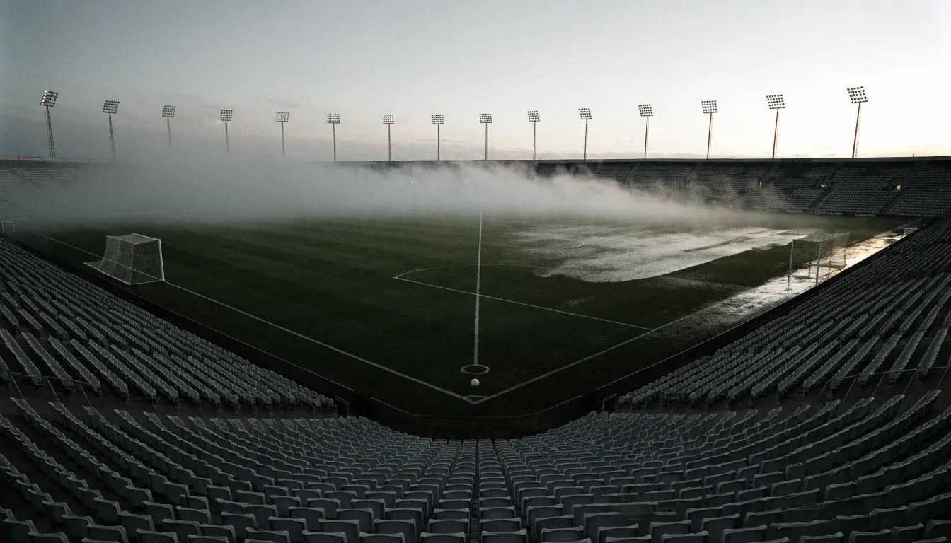 Ein Fußballfeld im Morgennebel aus erhöhter Position gesehen, Mittellinie und Tore sind sichtbar, keine Spieler auf dem Rasen.