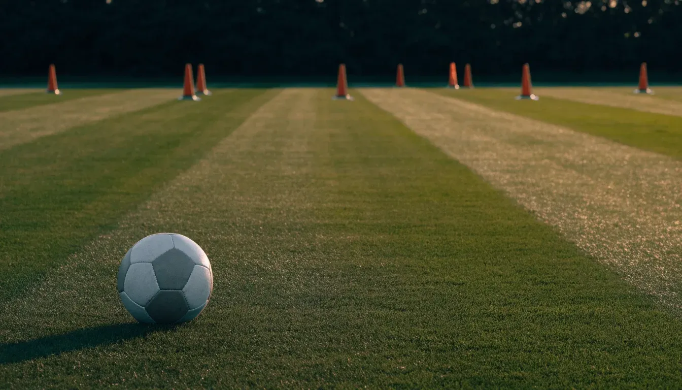 Ein Fußball liegt auf einem Rasenplatz im Abendlicht, am Rand stehen ein paar Hütchen, niemand ist zu sehen.