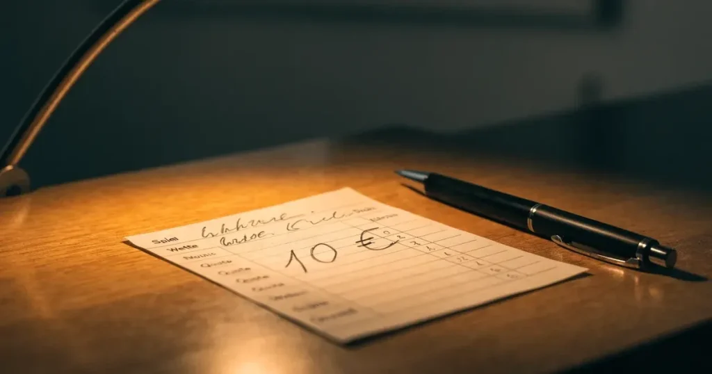 Ein leerer Wettschein aus Papier ohne Aufdruck liegt auf einem Holztisch neben einem Kugelschreiber im Licht einer Schreibtischlampe.