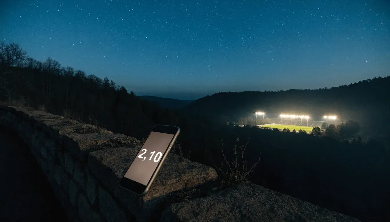 Ein Stadion unter Flutlicht aus großer Entfernung gesehen, darüber ein klarer Nachthimmel und davor dunkle Hügel.