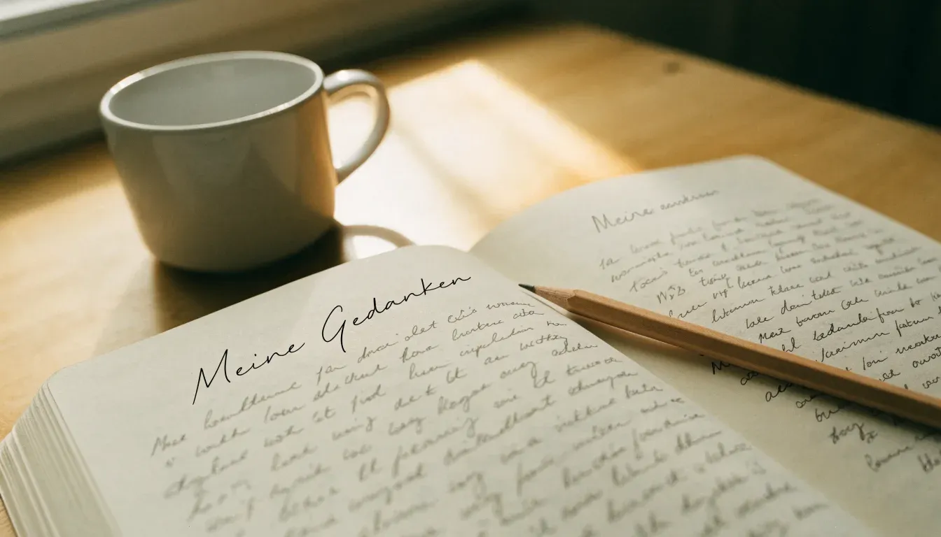 Ein aufgeschlagenes Notizbuch mit handschriftlichen Notizen liegt neben einem Bleistift auf einem hellen Holztisch.