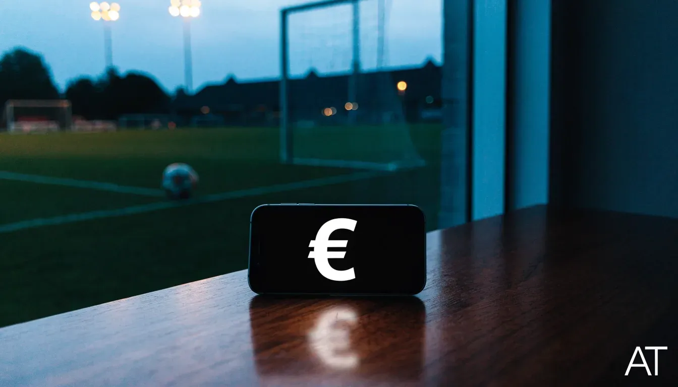 Ein Flutlichtstadion bei Dämmerung aus weiter Ferne gesehen, die Lichtmasten leuchten über Dächern und Bäumen.