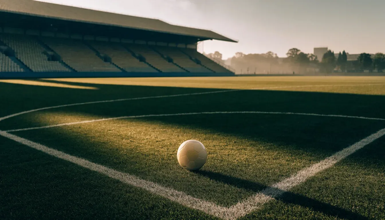 Ein Fußball liegt auf dem Elfmeterpunkt eines leeren Rasenplatzes im Morgenlicht, dahinter eine ruhige Tribüne ohne Zuschauer.