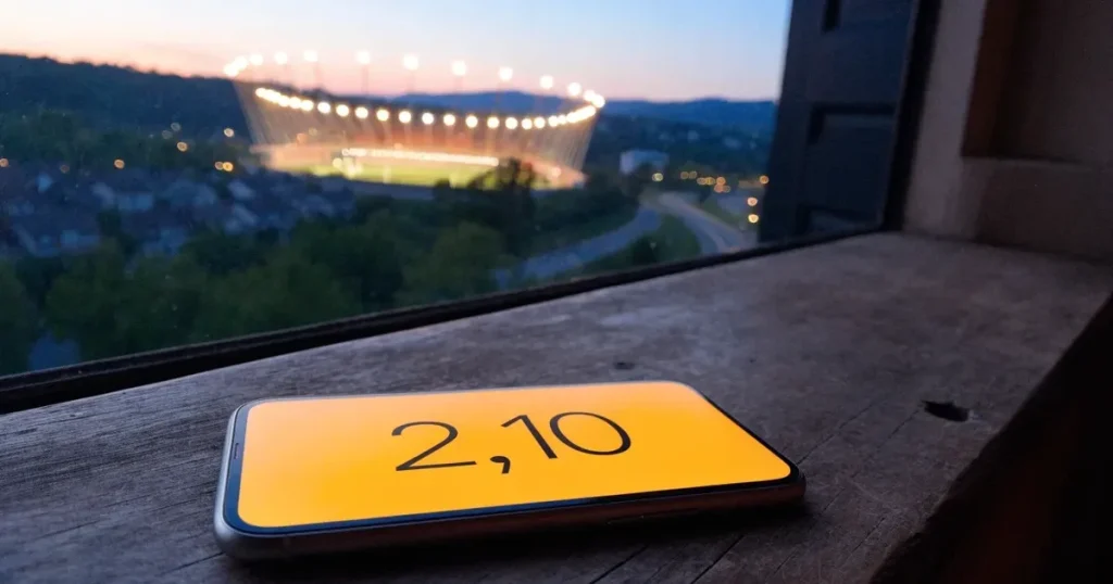 Ein Flutlichtstadion bei Dämmerung aus weiter Ferne gesehen, die Lichtmasten leuchten über Dächern, Bäumen und einer ruhigen Landschaft.