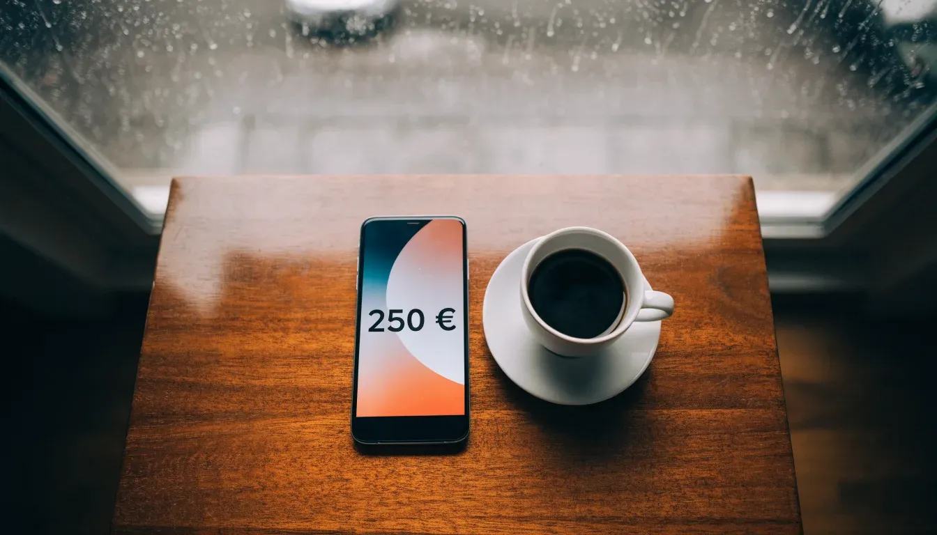 Ein Smartphone mit dunklem Display liegt neben einer Kaffeetasse auf einem Holztisch am Fenster, draußen fällt Regen.
