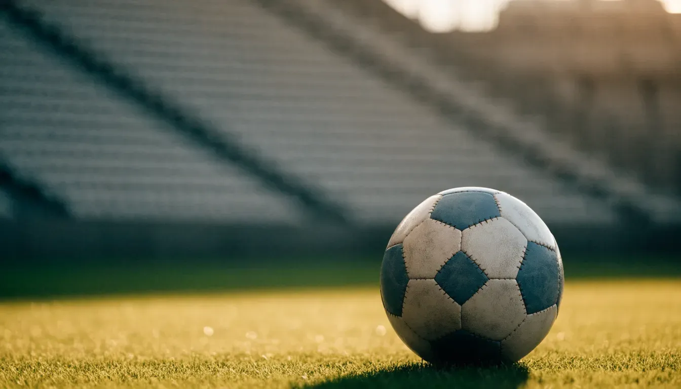 Ein Fußball liegt auf einem Rasen im Licht der tief stehenden Sonne, dahinter leere Sitzreihen.