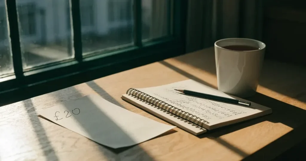 Ein Notizbuch mit handschriftlichen Notizen liegt neben einem Bleistift und einer Tasse Tee auf einem Schreibtisch am Fenster.