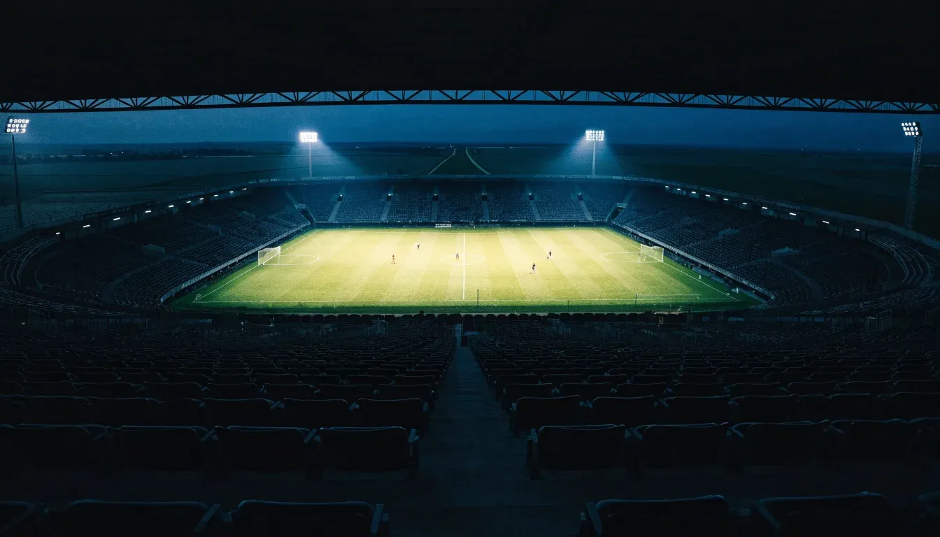 Ein Stadion unter Flutlicht aus der Ferne gesehen, davor eine dunkle Landschaft mit Feldern und einer Landstraße.