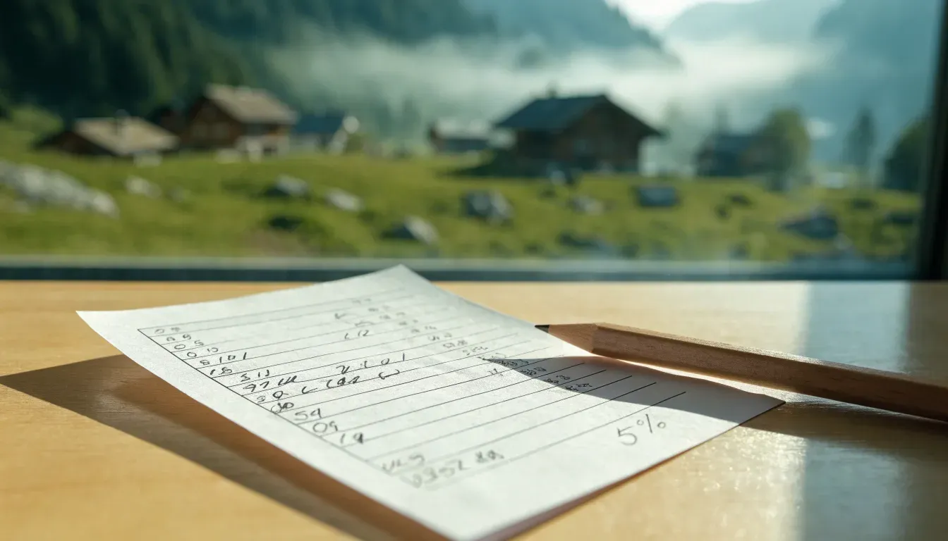 Eine Berglandschaft mit Wiesen und einzelnen Holzhäusern im Morgennebel, in der Ferne ein bewaldeter Hang.