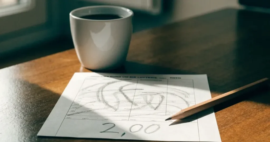 Ein Blatt Papier mit handgezeichneten Kurven und Bleistiftstrichen liegt auf einem Schreibtisch neben einer Tasse.