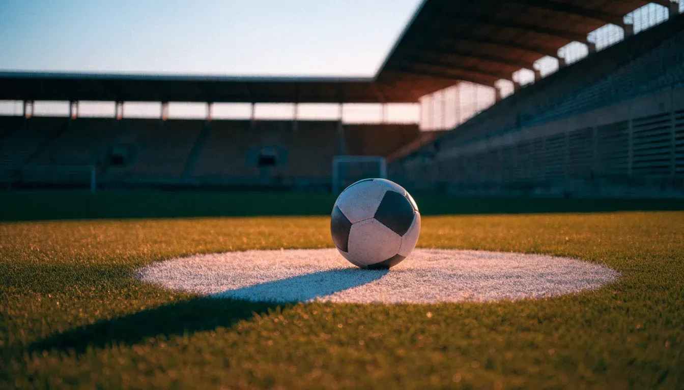 Ein Fußball liegt auf dem Elfmeterpunkt eines leeren Rasenplatzes im Abendlicht, dahinter eine ruhige Tribüne ohne Zuschauer.