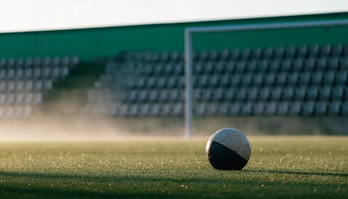 Ein Fußball liegt auf einem Rasenplatz im Morgenlicht, dahinter eine ruhige Tribüne ohne Zuschauer.