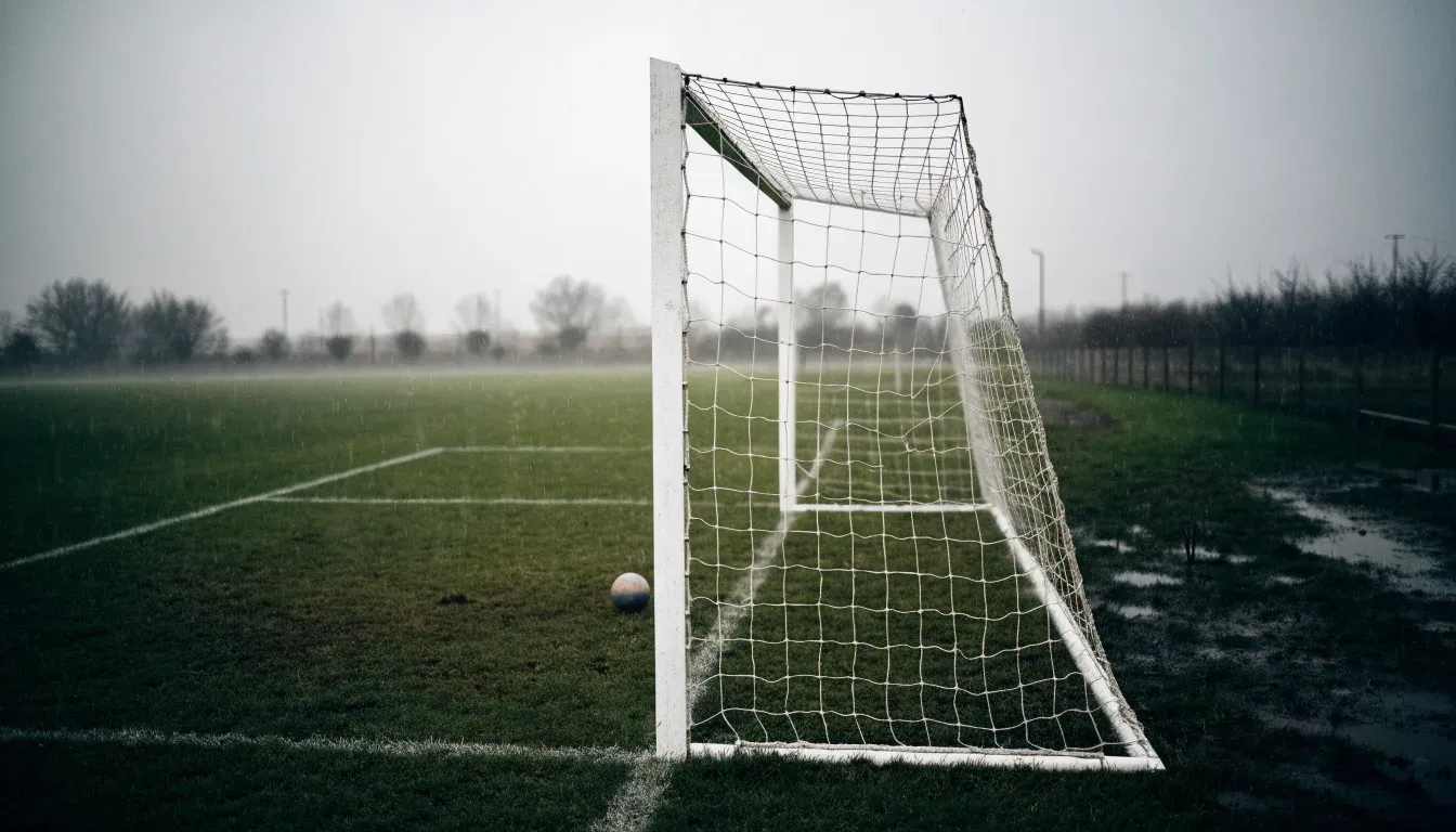 Ein Fußballtor mit Netz auf einem Trainingsplatz bei Regen, Pfützen stehen auf dem Rasen, niemand ist zu sehen.